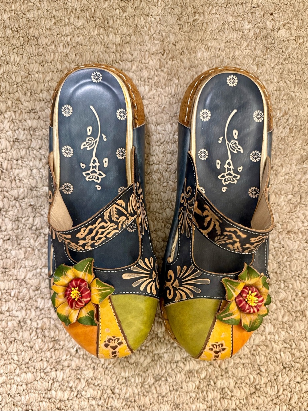 Artisan Floral Leather Mules in Green & Yellow